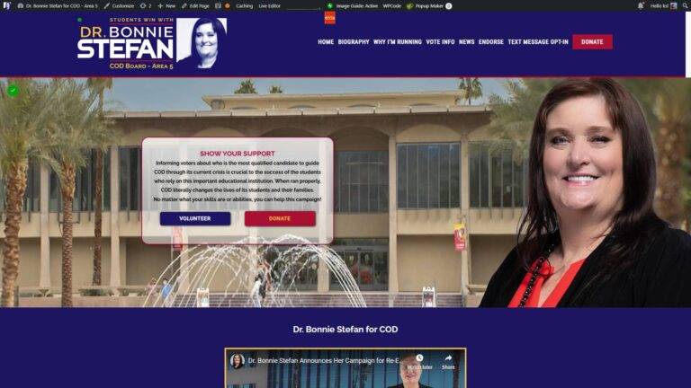 Screenshot of Dr. Bonnie Stefan’s campaign website for COD Board, Area 5, showcasing professional political campaign website design services with her photo, navigation menu, support message, volunteer and donate buttons, and a building with a fountain in the background.