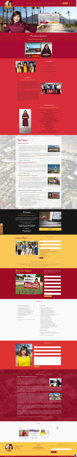 A one-page webpage with red, yellow, and white sections, featuring images of women, a map, donation and volunteer buttons, text blocks, links, and group photos, presenting information about a nonprofit or community organization.