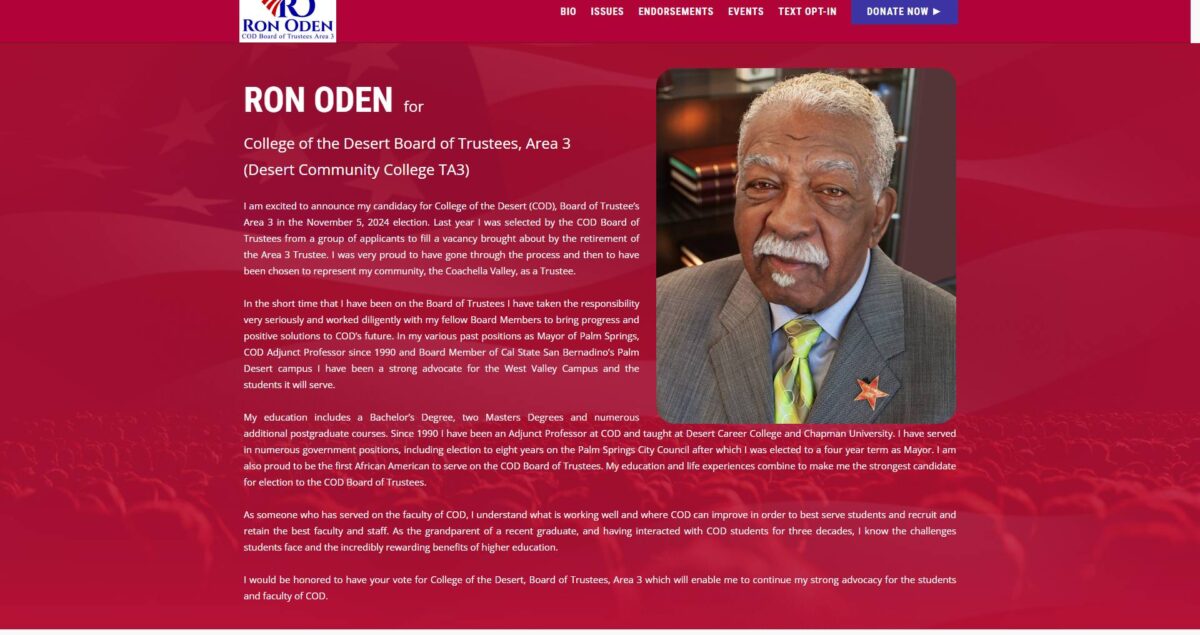 A man with gray hair and a mustache, in a pinstripe suit, shirt, and red tie, sits before a blurred background. The page showcases Ron Odens candidacy for College of the Desert Board of Trustees, Area 3, highlighting Political Campaign Website Design Services.