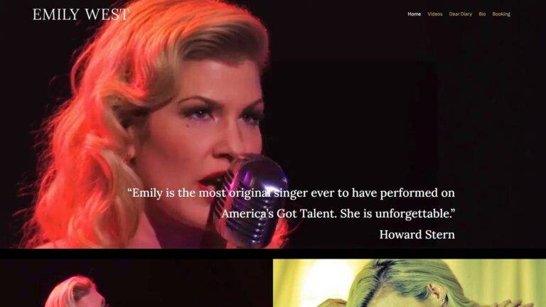 A woman with wavy blonde hair sings into a vintage microphone under red and purple stage lighting. The text quotes Howard Stern praising singer Emily Wests originality and performance on Americas Got Talent.